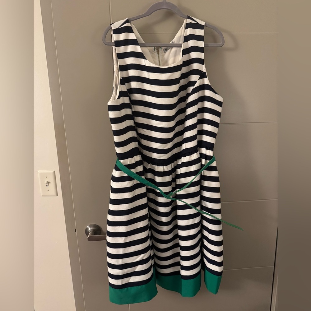 Eliza J Navy and White Striped Dress with Green Accents